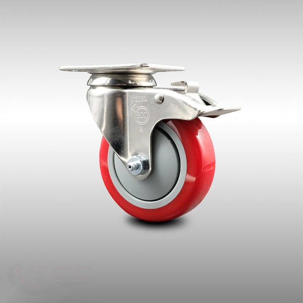 4 Inch 316SS Red Polyurethane Swivel Top Plate Caster with Total Lock Brake